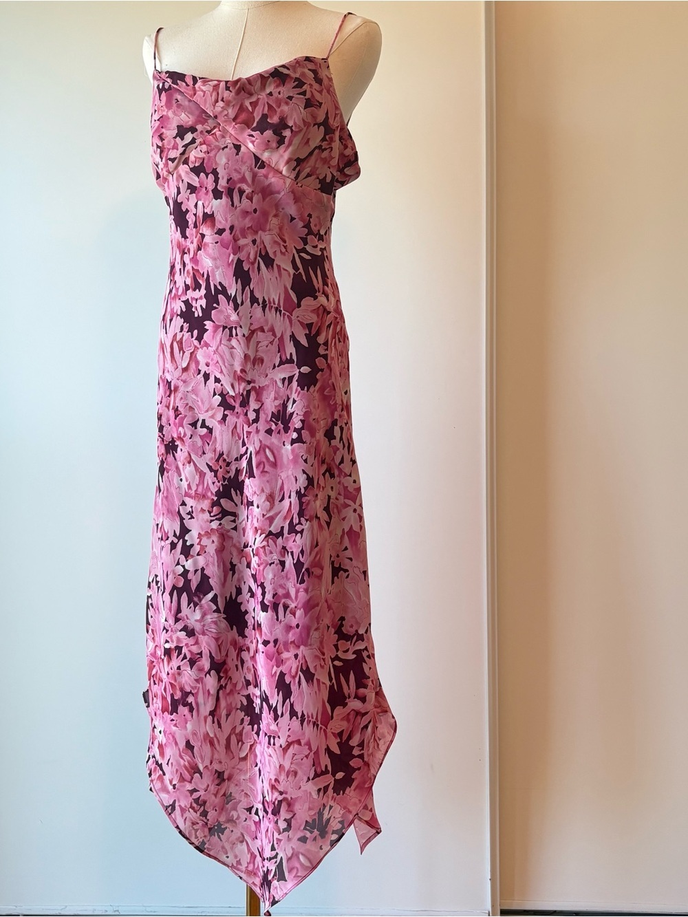 Vintage Stunning Pink Floral Slip Midi Dress - Spaghetti Strap